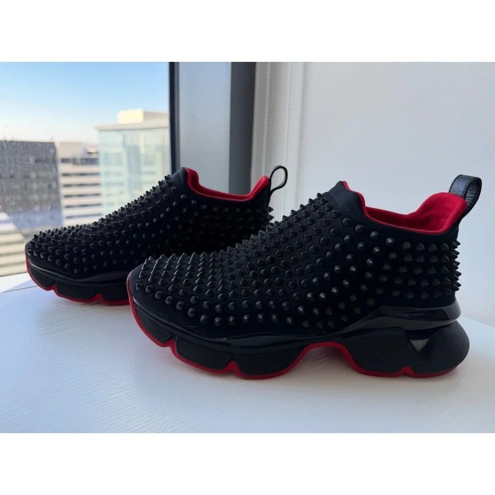 Christian Louboutin Neoprene Black Spike Sock Slip-On Sneakers Red Sole EU 38